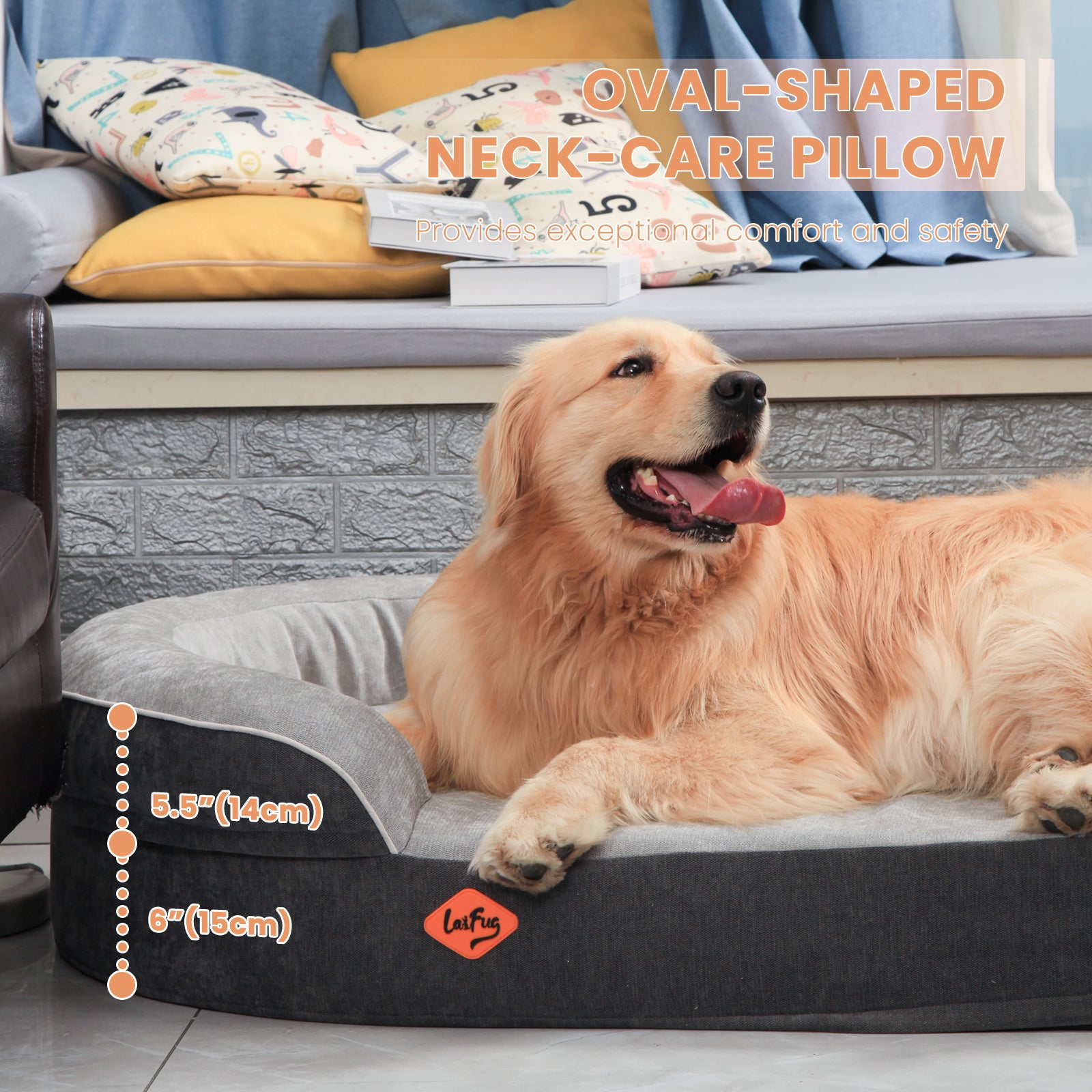 LaiFug Orthopedic Memory Foam Oval Dog Bed – Curved Bolster Support