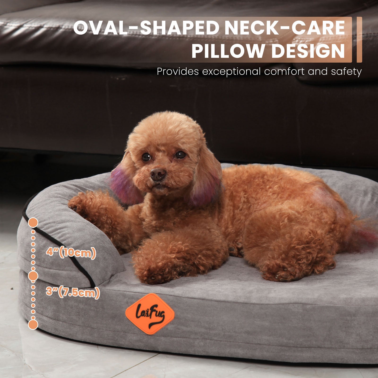 LaiFug Orthopedic Memory Foam Oval Dog Bed – Curved Bolster Support