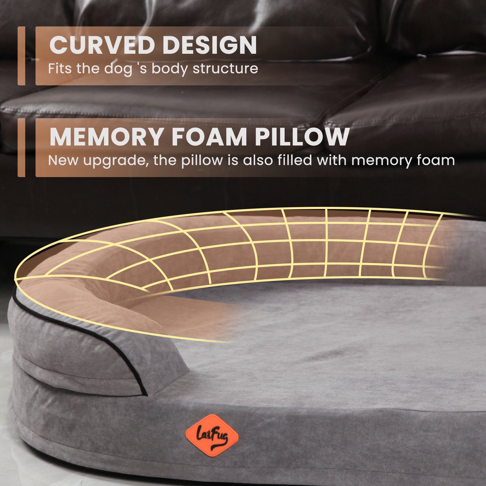 LaiFug Orthopedic Memory Foam Oval Dog Bed – Curved Bolster Support