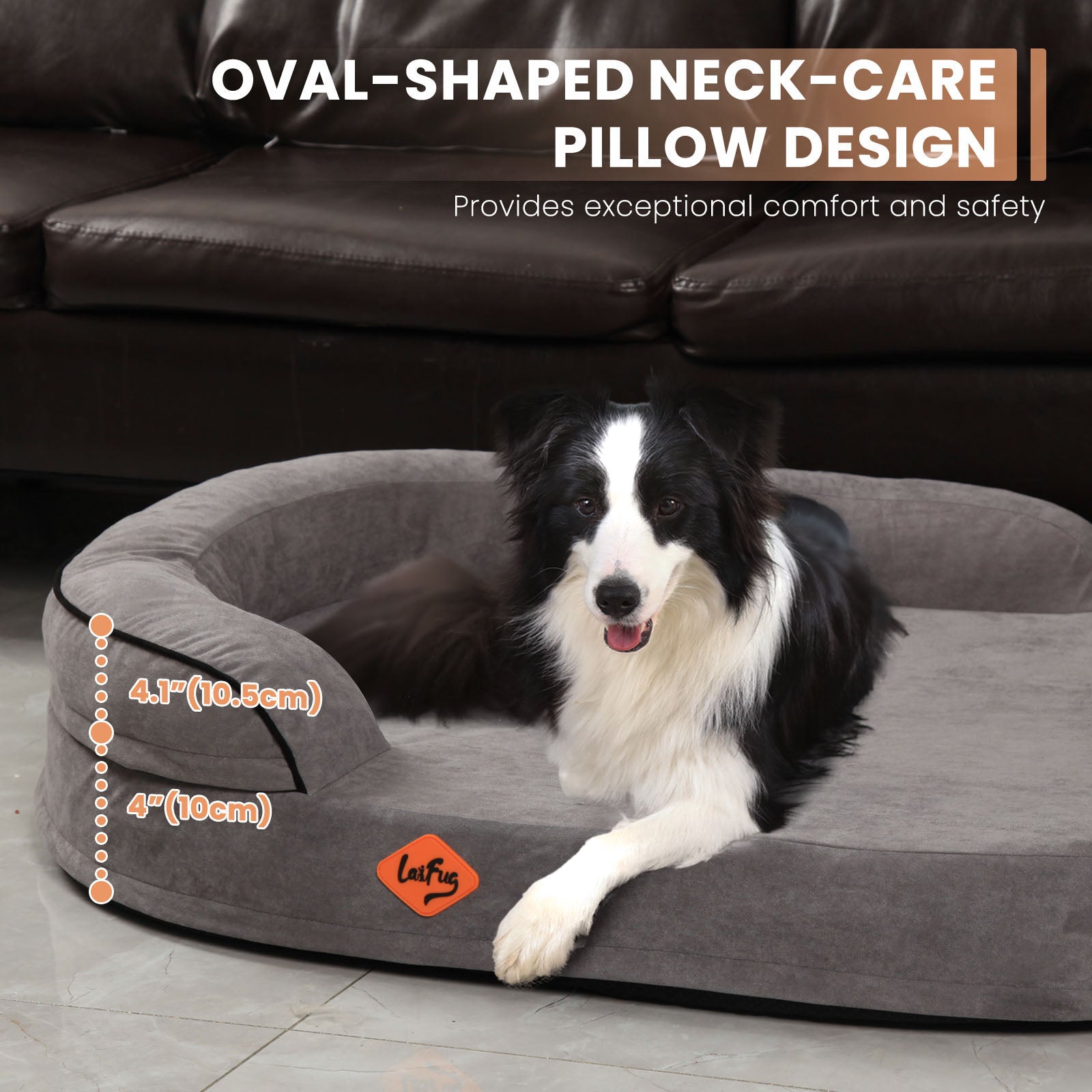 LaiFug Orthopedic Memory Foam Oval Dog Bed – Curved Bolster Support